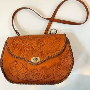 Elegant Floral Embossed Tan Leather Bag